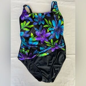 Girls' Floral One-Piece Swimsuit in Black with Blue & Purple Flowers